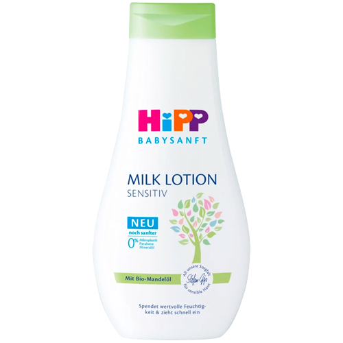 The HiPP Baby Milk Lotion Sensitive with organic almond oil provides valuable moisture and is quickly absorbed. The Milk Lotion keeps the skin from drying out, is enriched with nourishing shea butter and is also pH skin neutral - Without Parabens & Mineral Oil - Formulated without microplastics