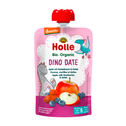 Holle Organic Pouchy Dino Date apple with blueberries and dates deal baby snack unsweetened finely purée no additives