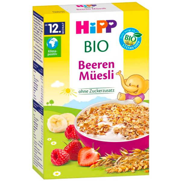 HiPP Organic Berry Muesli Milk Porridge Cereal easy to digest no added sugar fine pieces easy to chew whole grain cereal