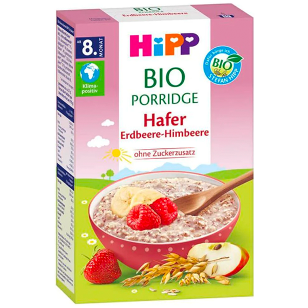 HiPP Organic Oats Strawberry Raspberry Milk Porridge Cereal easy to digest no added sugar with 80% organic whole grain oats rich in vitamin b1 no artificial flavoring