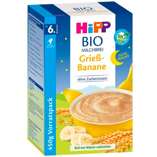 HiPP Organic Good Night Banana Semolina Milk Porridge Cereal wholegrain easy to digest milk free no added sugar