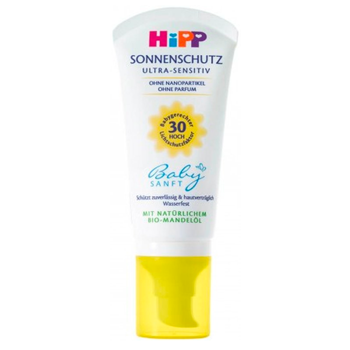 HiPP Baby Sun Protection SPF 30 Effective protection against UVA + UVB Rays Easy to spread and leaves no white film With Pump Dispenser - Skin-Friendly Free of Paraffin Oil and developed to minimize allergy risks Free from perfume Free of essential oils, peg emulsifiers and nanoparticles