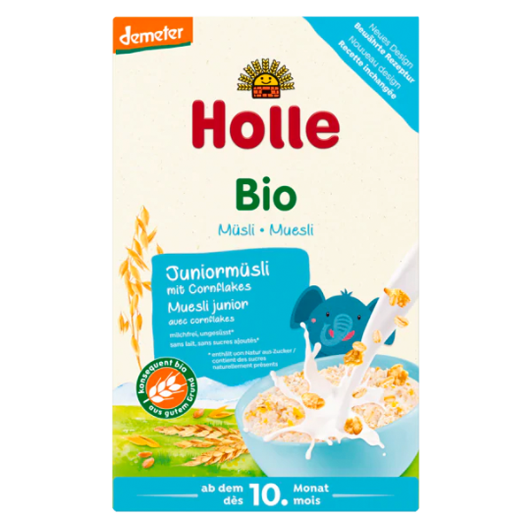Holle Organic Junior Muesli Multigrain Porridge with Cornflakes wholegrain no added sugar egg or preservatives steroids hormones antibiotics no gmo ingredients