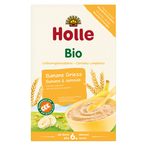 Holle Organic Banana Semolina Milk Porridge Cereal wholegrain easy to digest milk free no added sugar egg or preservatives steroids hormones antibiotics no gmo ingredients