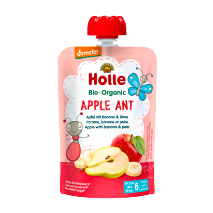 Holle Organic Pouchy Apple Ant apple with banana pear baby snack unsweetened finely purée no additives