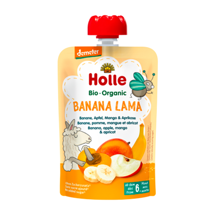 Holle Organic Pouchy Banana Lama Pouch Banana Apple Mango Apricot Purée Fine Baby Snack Child No sugar Made in Italy unsweetened