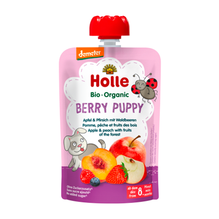 Holle Organic Pouchy Berry Puppy Pouch Apple Peach Strawberry Blueberry Raspberry Purée Fine Baby Snack Child No sugar Made in Italy unsweetened
