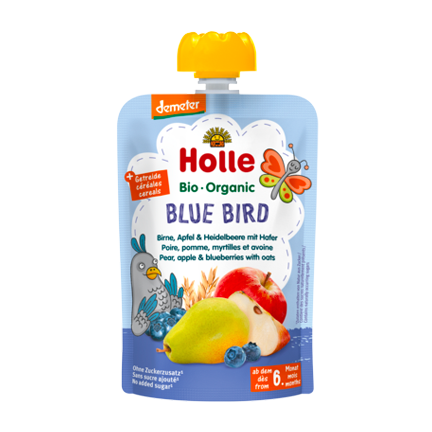 Holle Organic Pouchy Blue Bird pear apple blueberries with oats ideal baby snack cereal unsweetened finely purée no additives