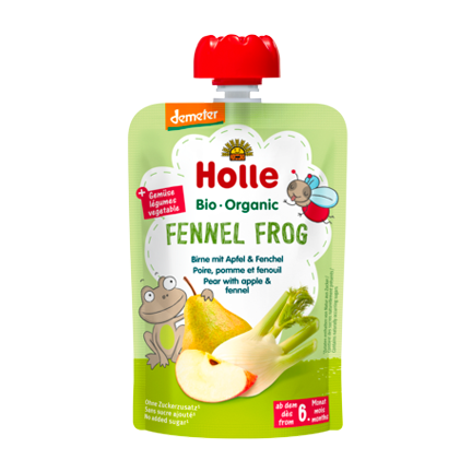 Holle Organic Pouchy Fennel Frog Pear with apple fennel baby snack unsweetened finely purée no additives vegetables