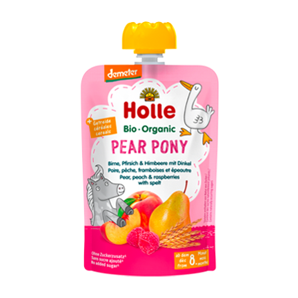 Holle Organic Pouchy Pear Pony Pear peach raspberries with spelt fine purée fruit cereals unsweetened no additives