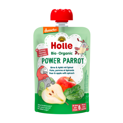 Holle Organic Pouchy power parrot pear apple spinach baby snack unsweetened finely purée no additives vegetables