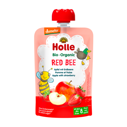 Holle Organic Pouchy Red Bee Pouch Apple Strawberry Purée Fine Baby Snack Child No sugar Made in Italy unsweetened