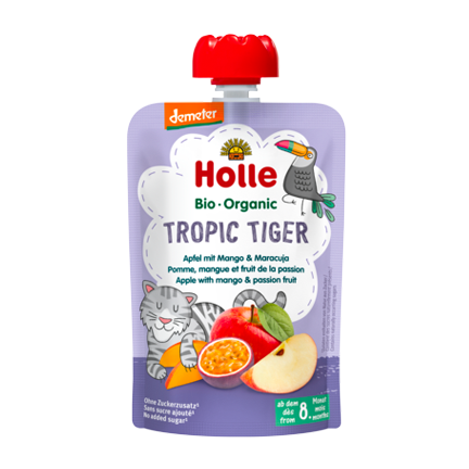 Holle Organic Pouchy Tropic Tiger apple mango passion fruit baby snack unsweetened finely purée no additives