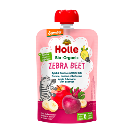 Holle Organic Pouchy Zebra Beet apple banana beetroot baby snack unsweetened finely purée no additives vegetables