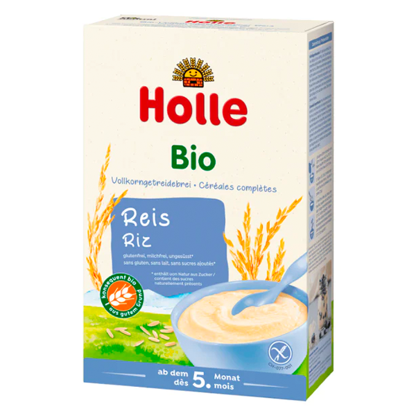 Holle Organic Reis Rice Milk Porridge Cereal wholegrain easy to digest milk free no added sugar egg or preservatives steroids hormones antibiotics no gmo ingredients