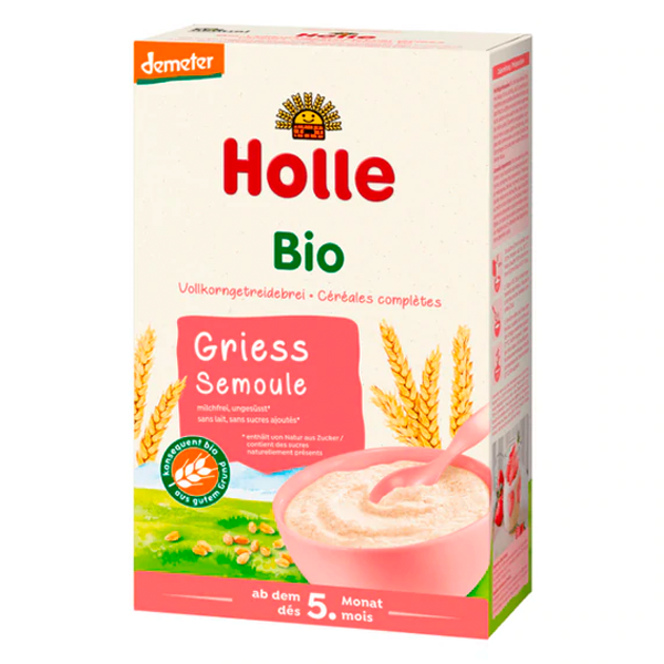 Holle Organic Semolina Milk Porridge Cereal No steroids, hormones, antibiotics or GMO ingredients No added sugar, egg or preservatives Whole grain - easy to digest Milk free Easy preparation